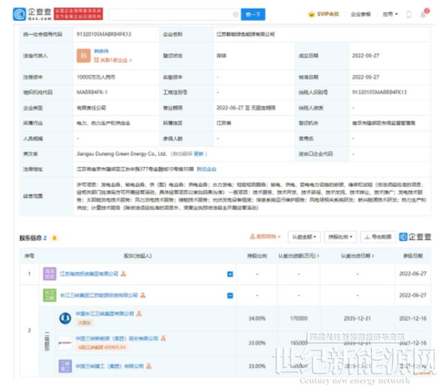 三峡能源投资成立江苏都能绿色能源公司，注册资本1亿元