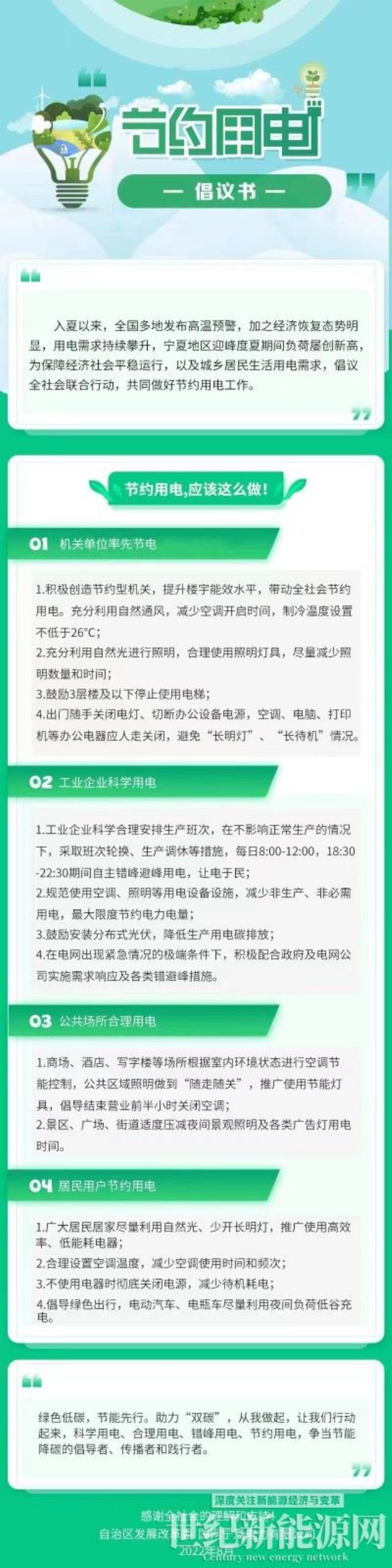 宁夏发布“节约用电倡议书”：鼓励安装分布式光伏
