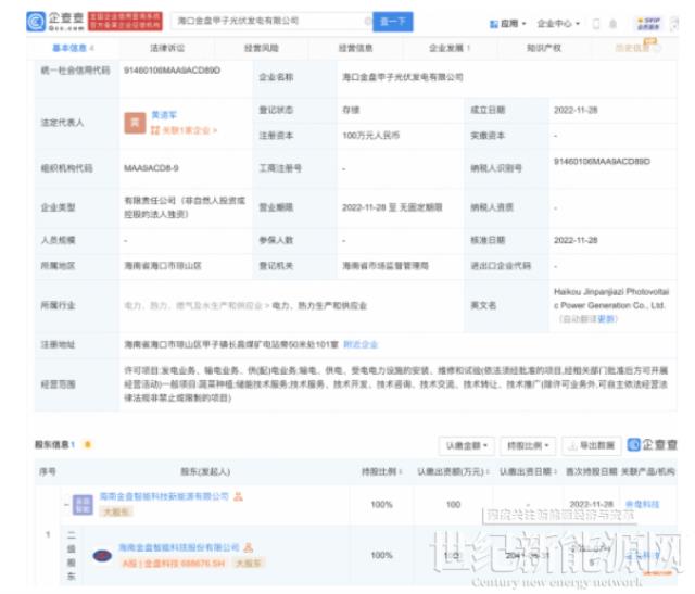 金盘科技于海口投资设立光伏发电公司，经营范围含蔬菜种植