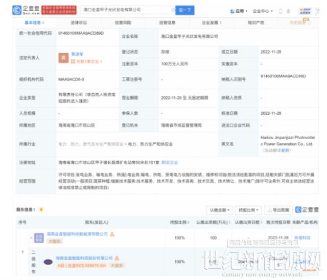 金盘科技于海口投资设立光伏发电公司，经营范围含蔬菜种植